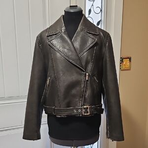 Zara Faux Leather Charcoal Grey Worn Effect Moto Jacket Size L